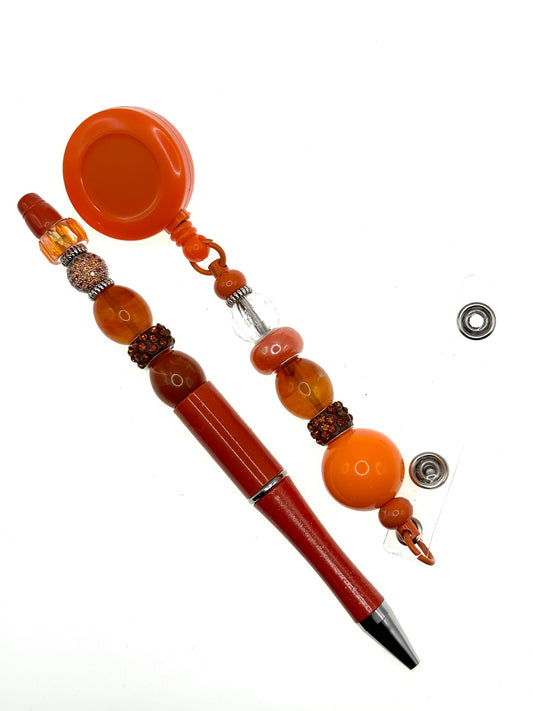 Warm Amber and Orange Pen with Retracting Badge Holder Set