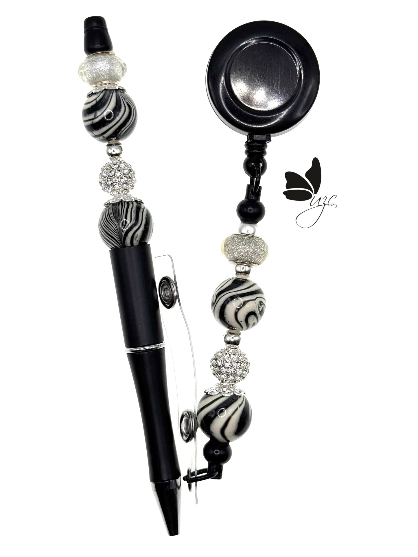 Black Beaded Pen & Retractable Badge Set