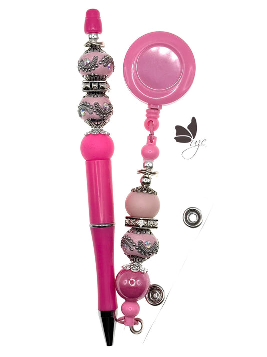 Fuchsia Beaded Pen & Retractable Badge Set