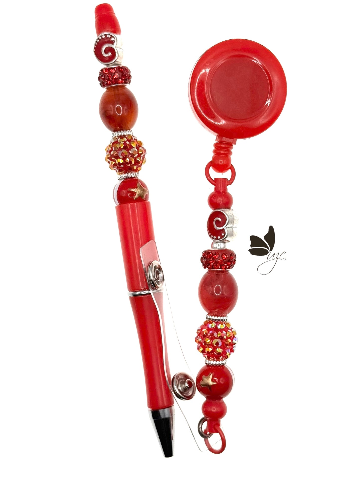 Red Beaded Pen & Retractable Badge Set