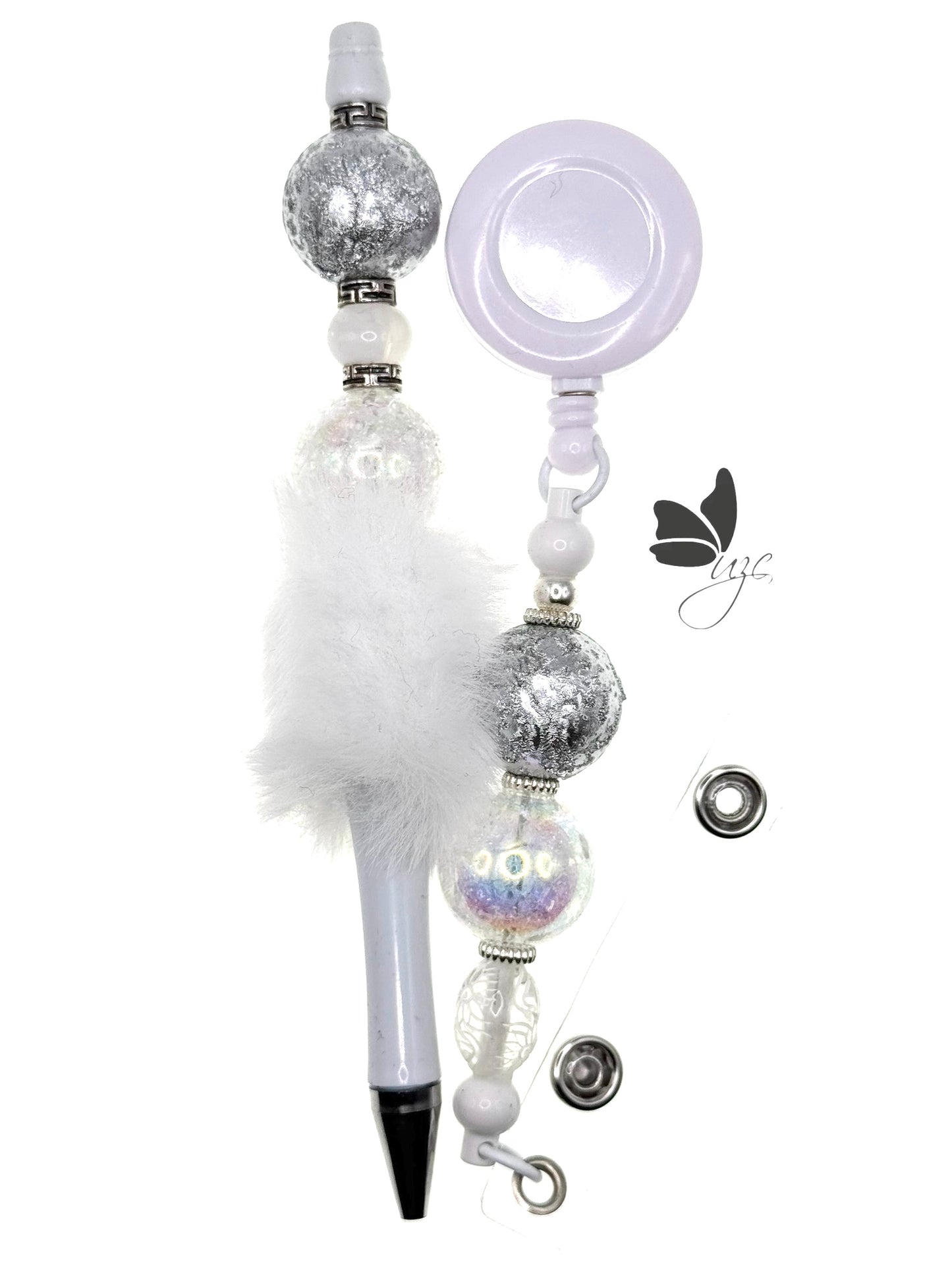 White Pom Pom Pen & Retractable Badge