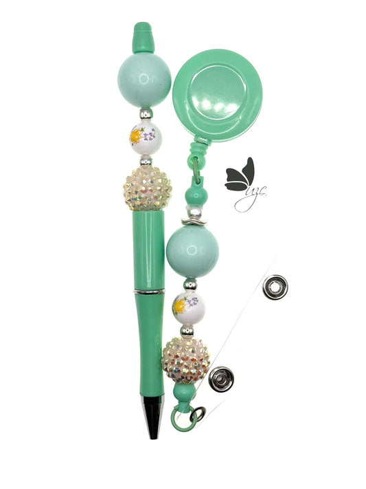 Mint Beaded Pen & Retractable Badge Set