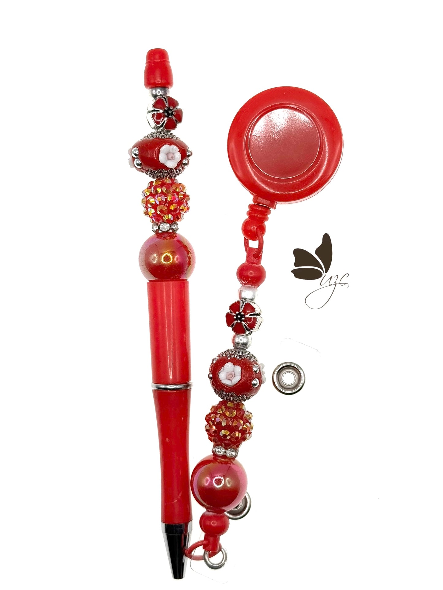 Red Boho Beaded Pen & Retractable Badge Set