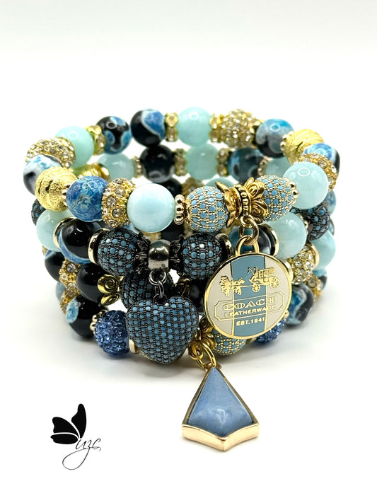 💙 Ocean Luxe Stack | Gold & Blue Elegance with Authentic Coach Charm
